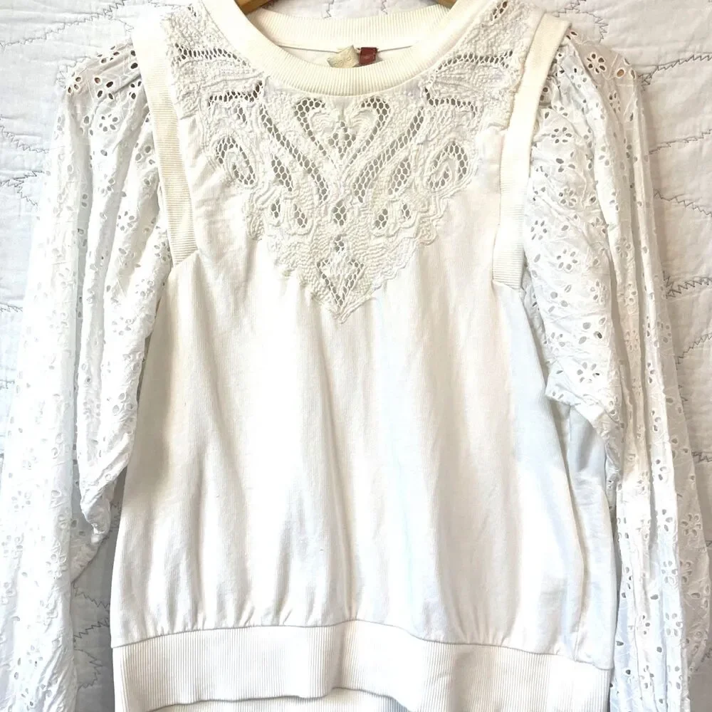 Anthropologie Cream Cotton Crochet Blouse SZ S